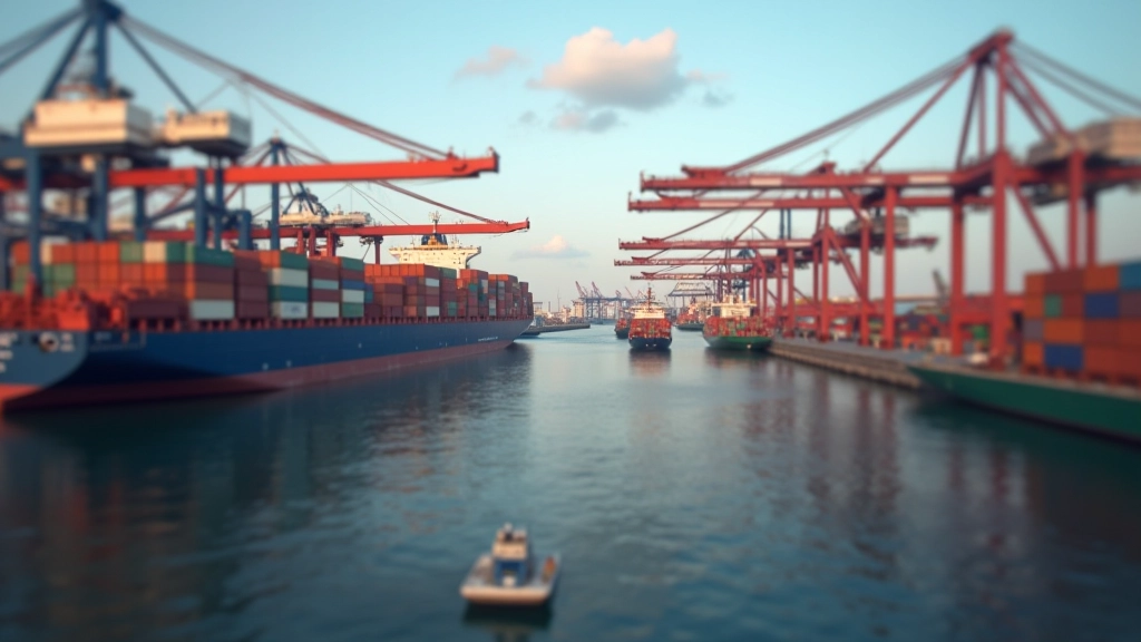 Hafenbereich mit Frachtschiff und Containerbrücke während des Be- und Entladens