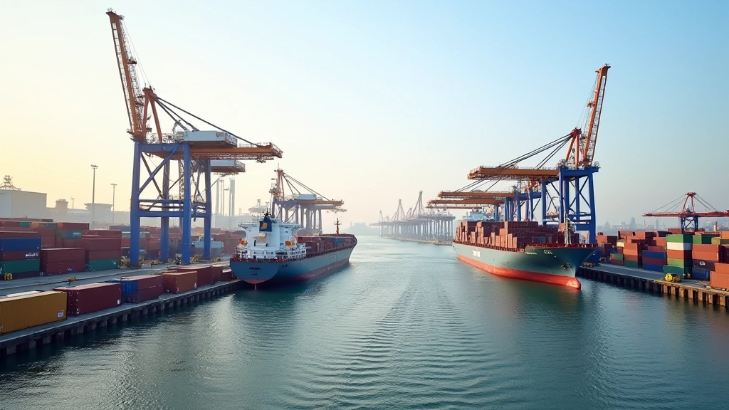 Hafenbereich mit Frachtschiff, Containerbrücke und Be- und Entladungsvorgängen während des Betriebs