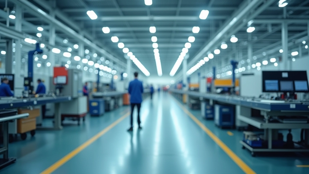 Fabrikflur mit automatisierten Robotern und Fördersystemen in modernem Produktionswerk
