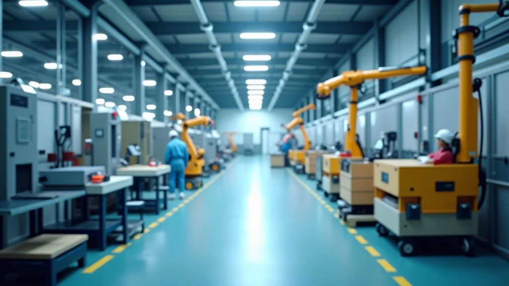 Fabrikflur mit automatisierten Roboterarmen und Förderbandsystemen in modernem Produktionswerk