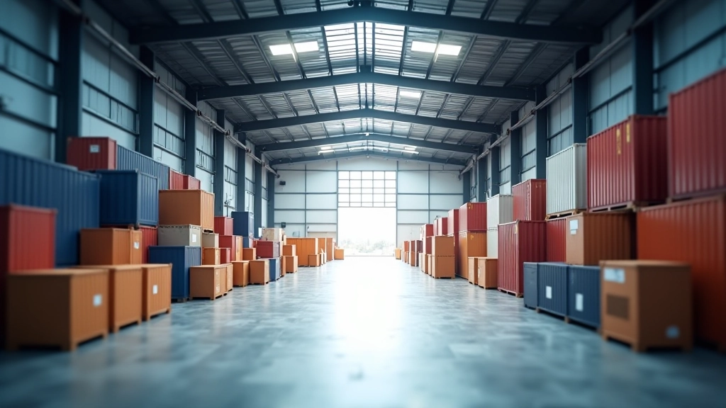 Moderne Lagerhalle mit Containerbrücken und Logistikausrüstung in zeitgenössischem Industriepark