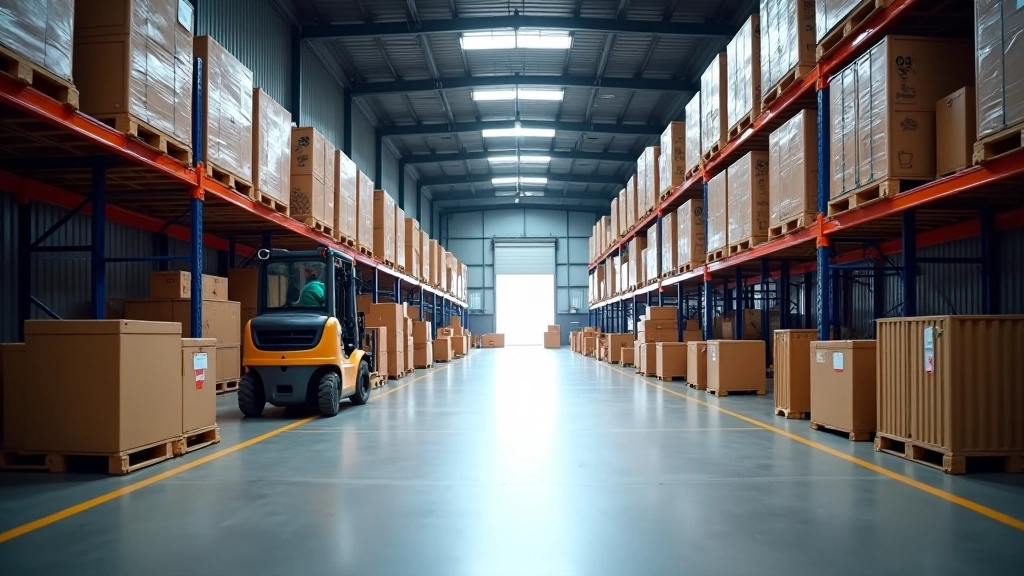 Lagerhalle mit organisierten Containern und Logistikausrüstung in modernem Industriegebäude