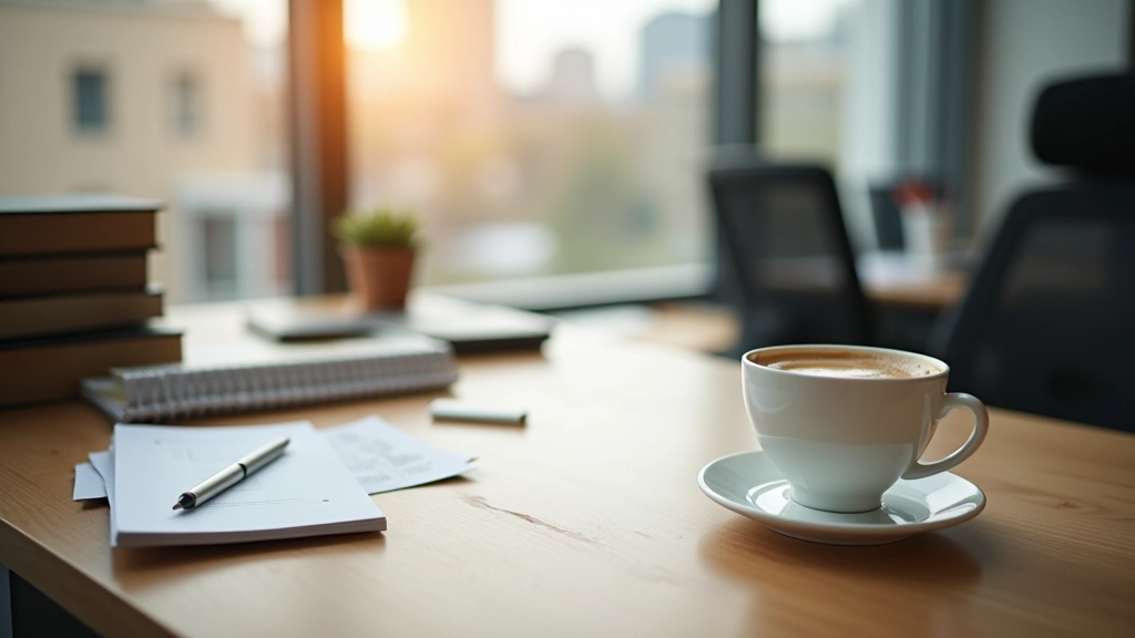 Professorales Büro mit Büchern, Notizbüchern und Kaffee auf Schreibtisch mit Fensteraussicht auf Stadt