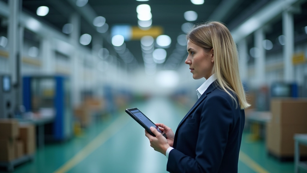 Arbeiterin in Produktionsstätte mit Tablet, überwacht digitale Prozesse und Datenströme